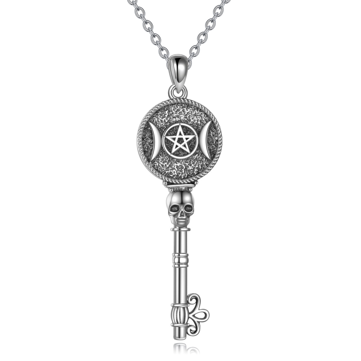 Sterling Silver Key & Skull Pendant Necklace-1