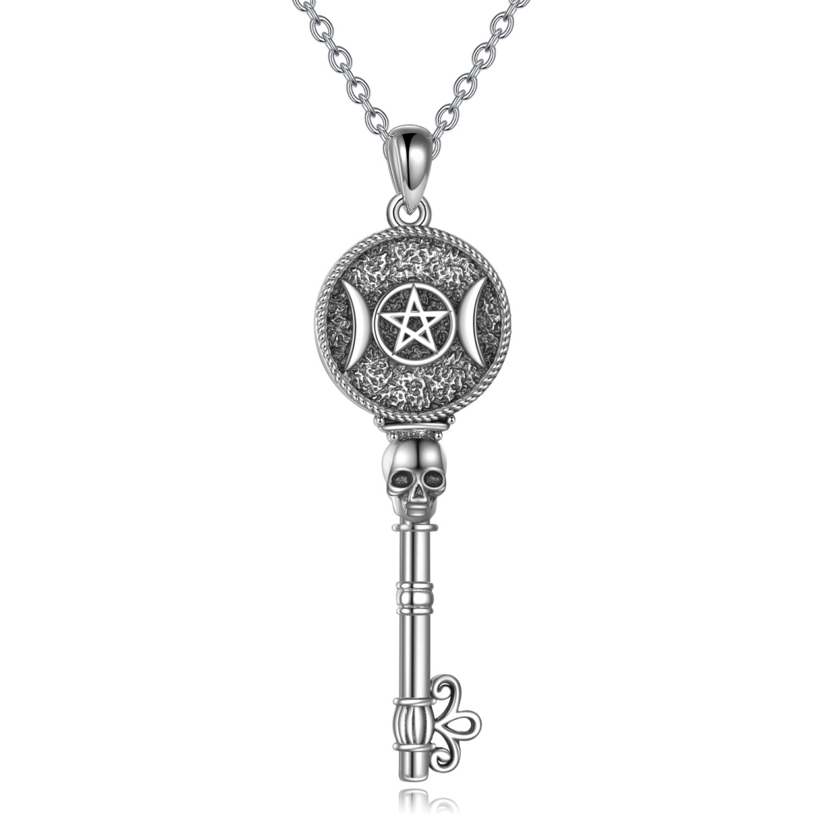 Collier pendentif clé tête de mort en argent sterling-1