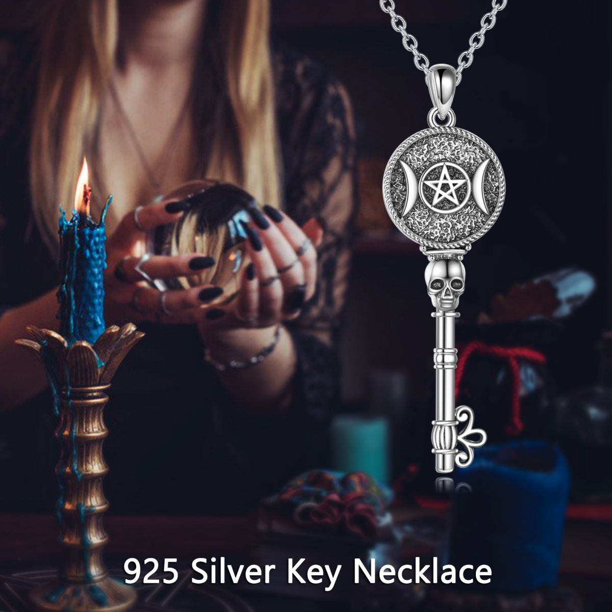 Sterling Silver Key & Skull Pendant Necklace-6