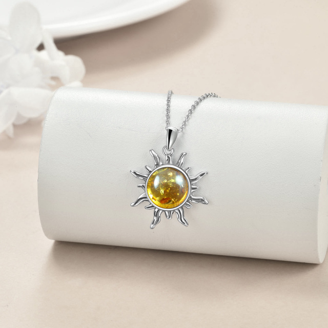 Sterling Silver Circular Shaped Amber Sun Pendant Necklace-3