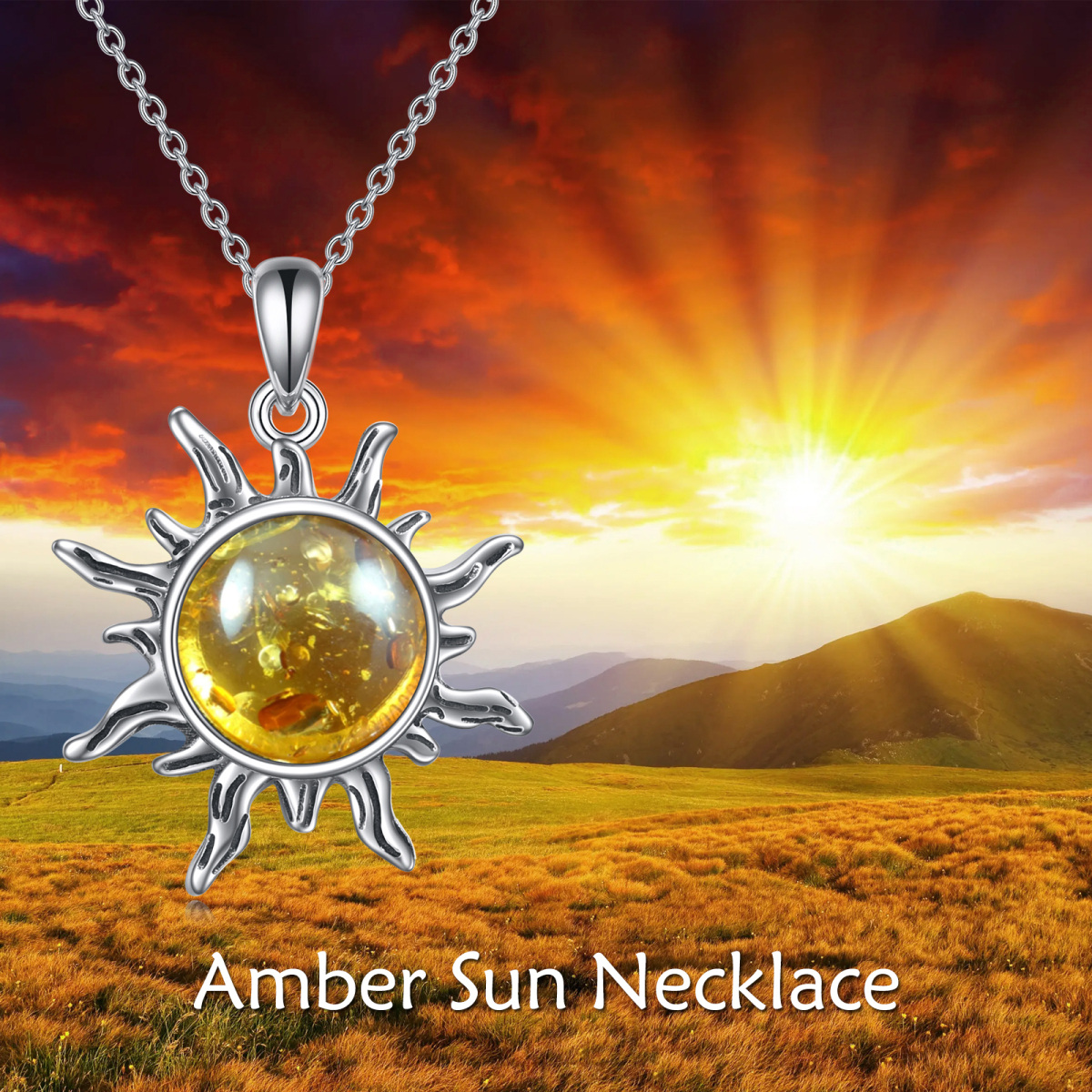 Sterling Silver Circular Shaped Amber Sun Pendant Necklace-6