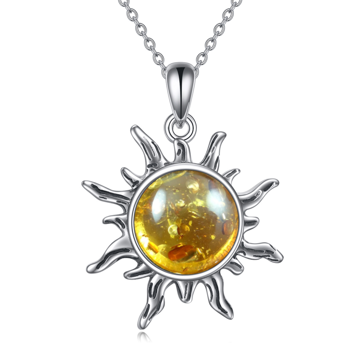Sterling Silver Circular Shaped Amber Sun Pendant Necklace-1