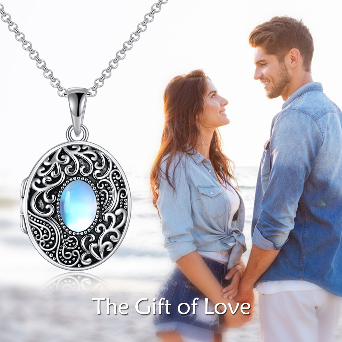 Sterling Silver Oval Moonstone Personalized Photo Personalized Photo Locket Necklace with Engraved Word-6