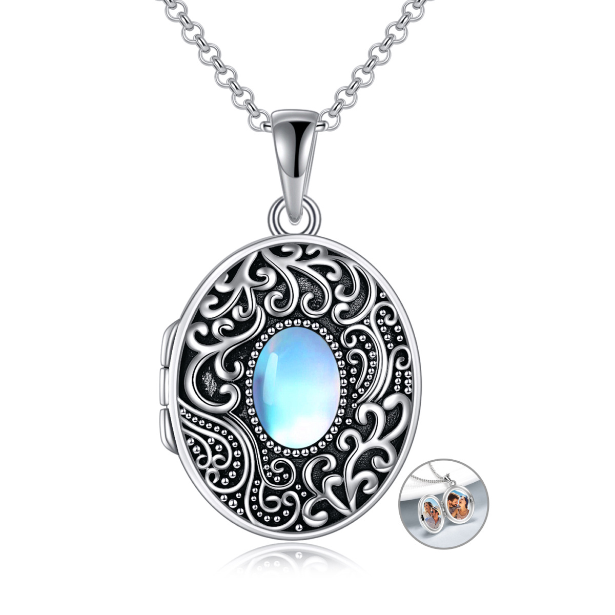 Sterling Silver Oval Moonstone Personalized Photo Personalized Photo Locket Necklace with Engraved Word-1