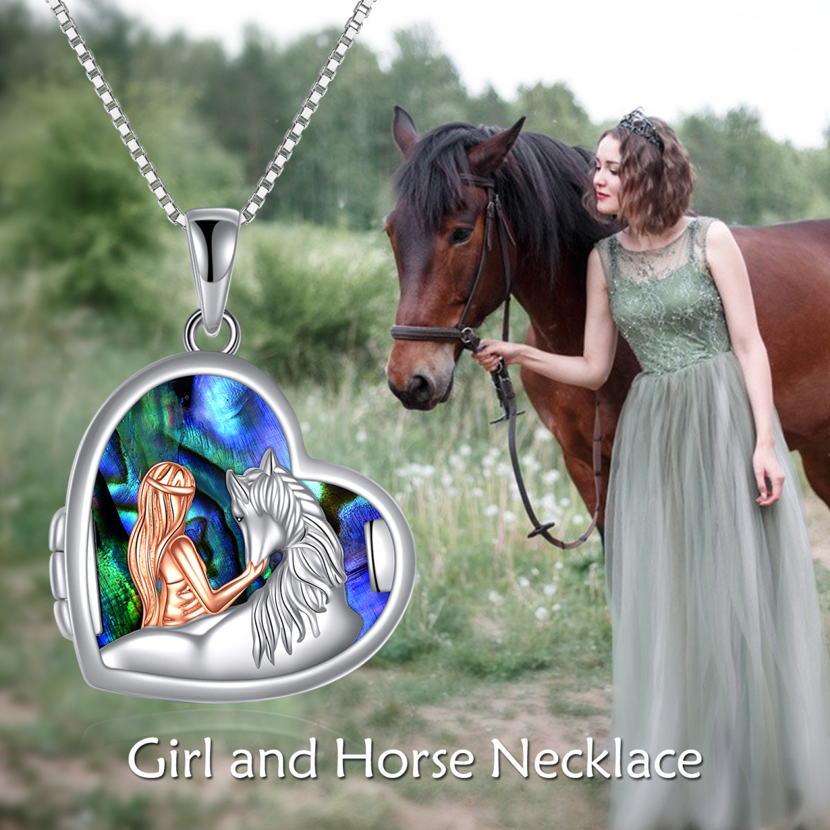 Sterling Silber zweifarbig Abalone Muscheln Pferd & Herz personalisierte Foto Medaillon Ha-6