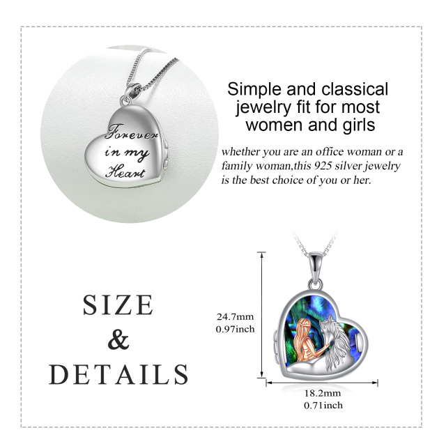 Sterling Silver Two-tone Abalone Shellfish Horse & Heart Personalized Photo Locket Necklace with Engraved Word-4