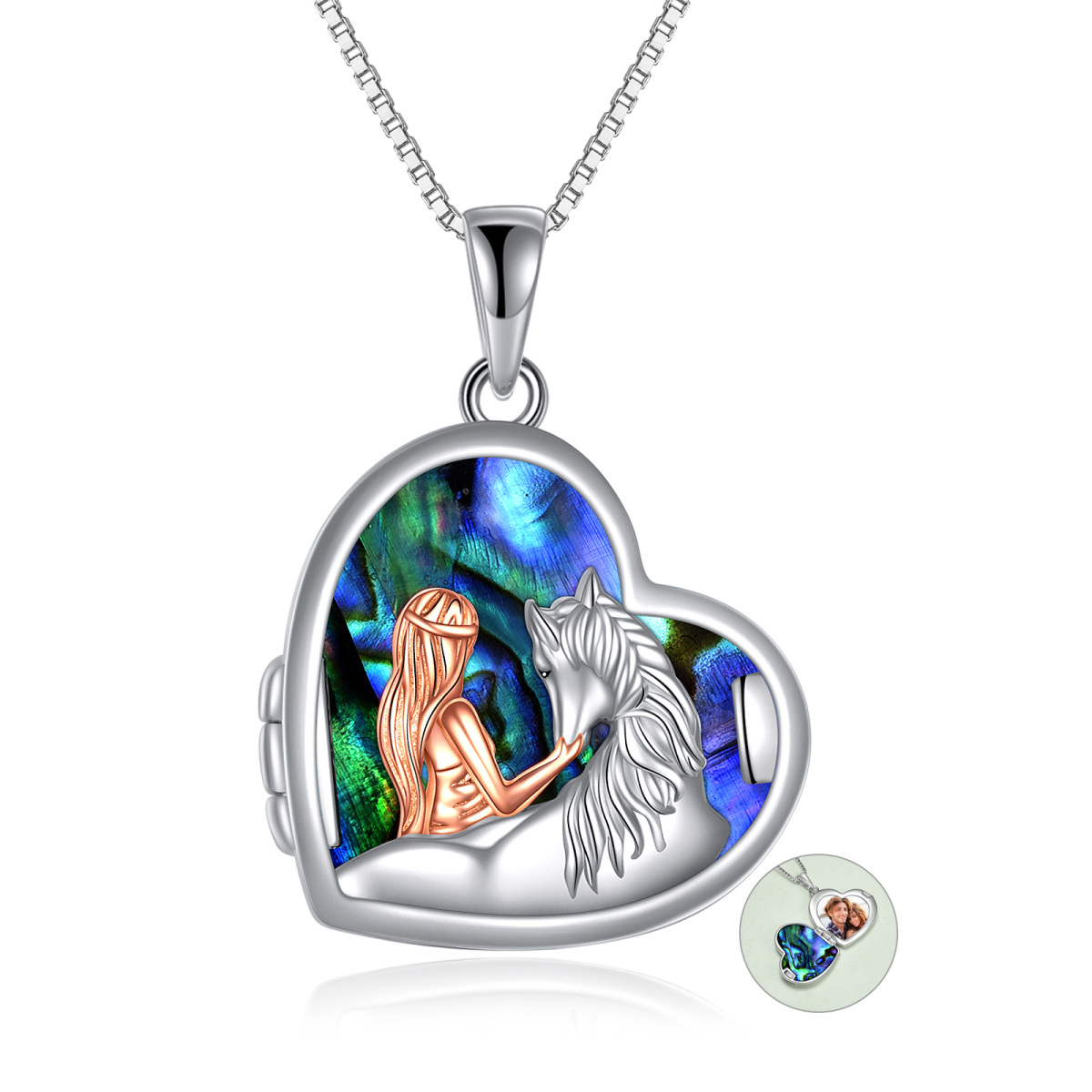 Sterling Silver Two-tone Abalone Shellfish Horse & Heart Personalized Photo Locket Necklace with Engraved Word-1
