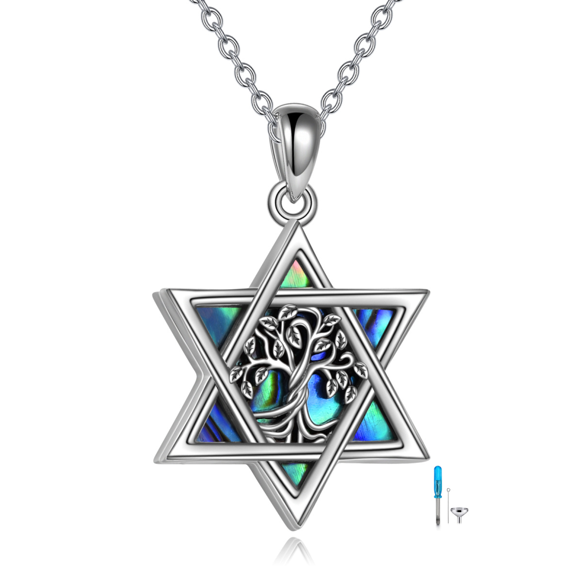 Sterling Silver Abalone Shellfish Tree Of Life & Star Of David Urn Necklace for Ashes-1