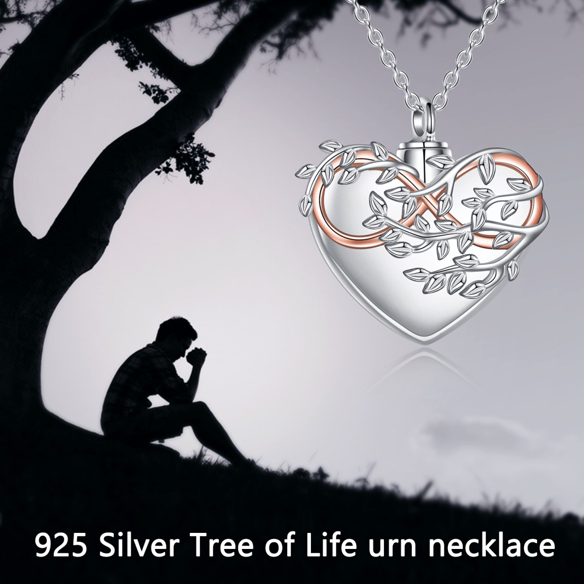 Sterling Silver Two-tone Tree Of Life & Heart & Infinity Symbol Urn Necklace for Ashes with Engraved Word-6