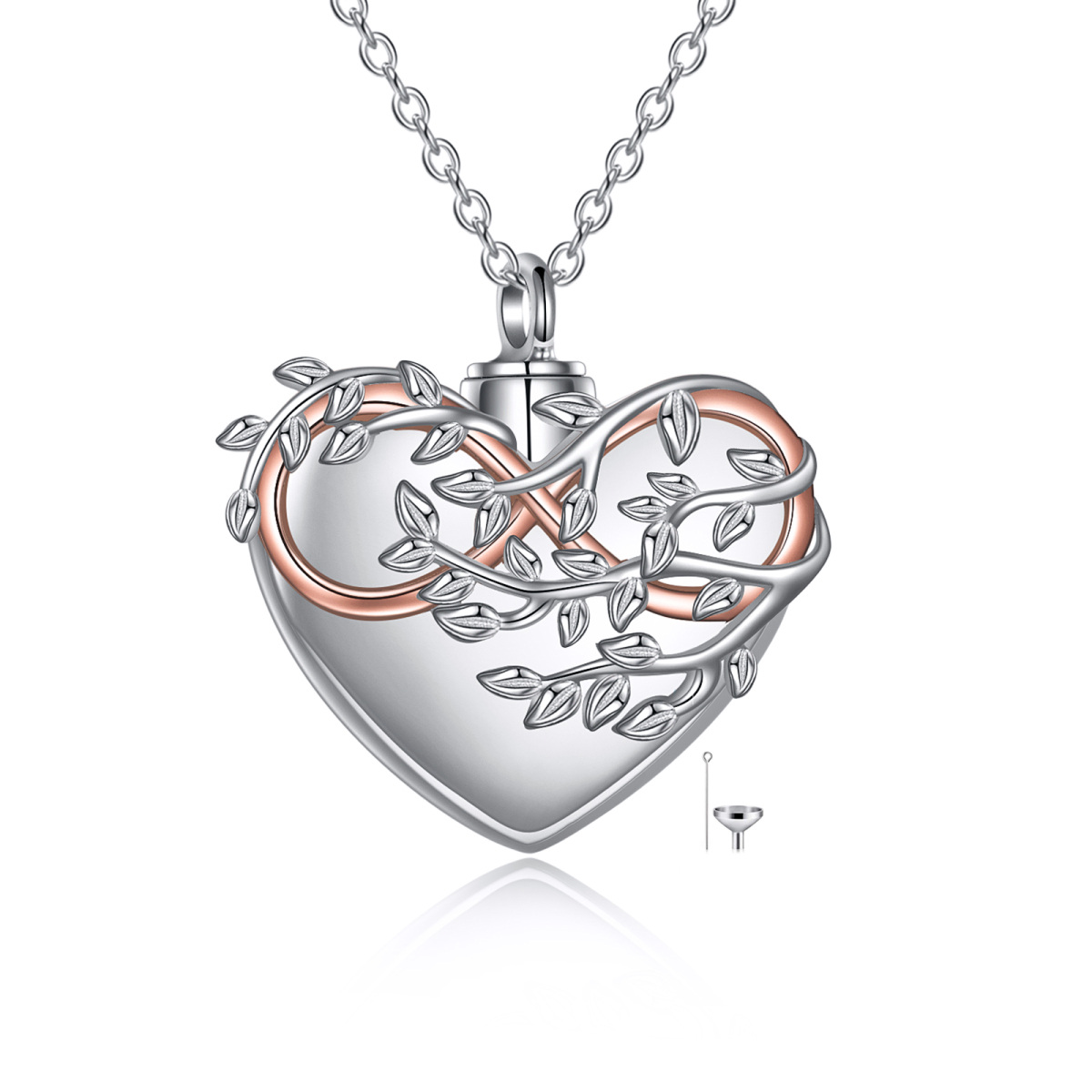 Sterling Silver Two-tone Tree Of Life & Heart & Infinity Symbol Urn Necklace for Ashes with Engraved Word-1