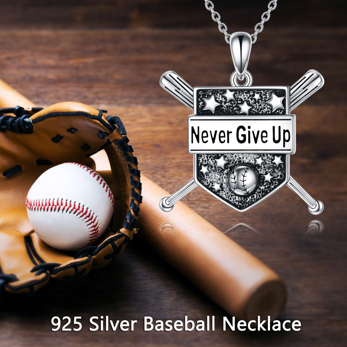 Sterling Silver Baseball Pendant Necklace with Engraved Word-6