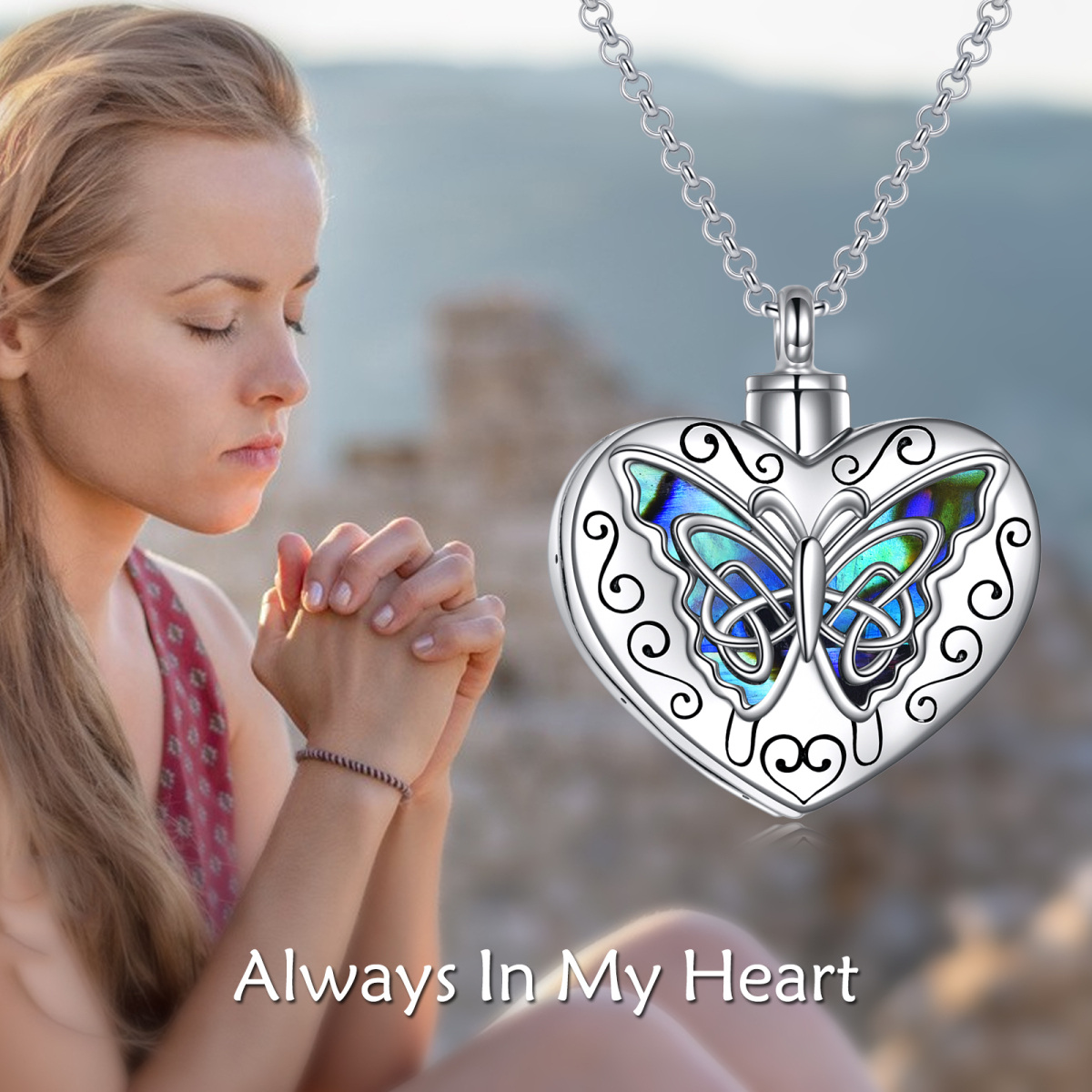 Sterling Silver Abalone Shellfish Butterfly & Heart Urn Necklace for Ashes with Engraved Word-6