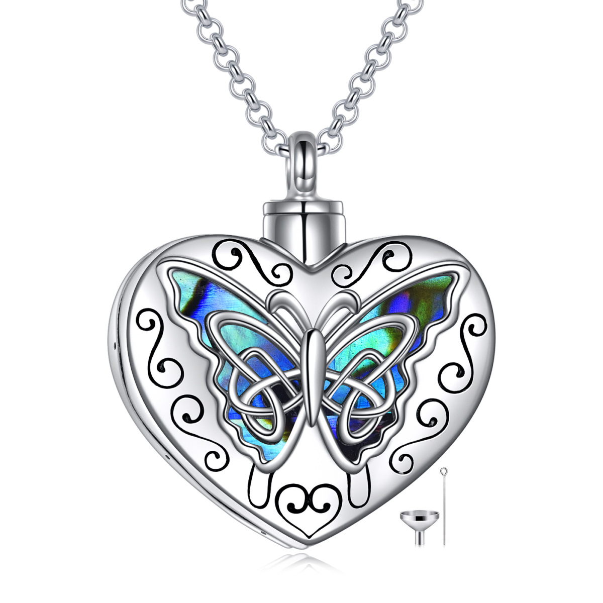 Sterling Silber Abalone Muscheln Schmetterling & Herz Urne Halskette mit eingraviertem Wor-1