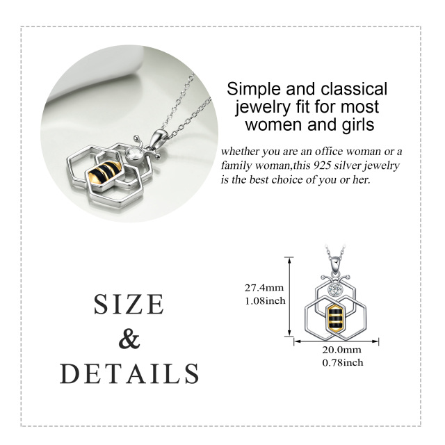 Sterling Silver Two-tone Circular Shaped Cubic Zirconia Bees Pendant Necklace-5