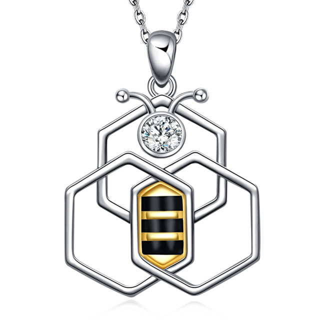 Sterling Silver Two-tone Circular Shaped Cubic Zirconia Bees Pendant Necklace-1