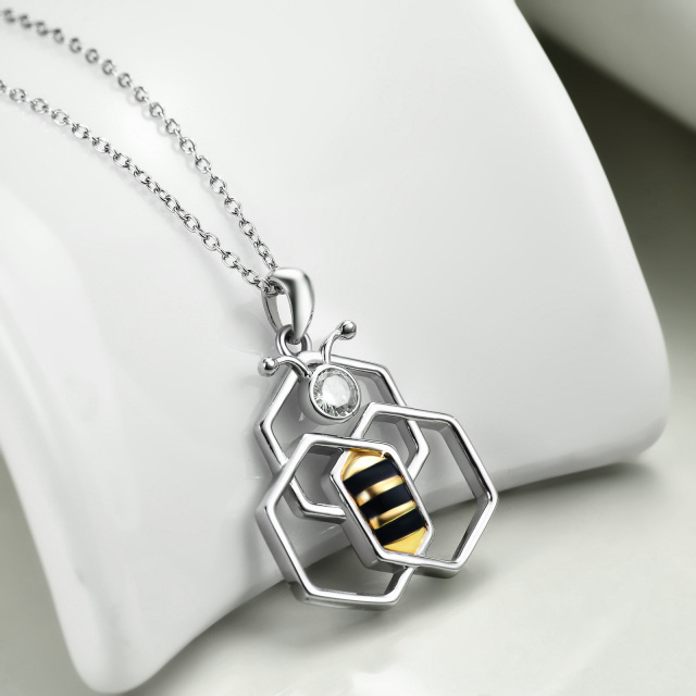Sterling Silver Two-tone Circular Shaped Cubic Zirconia Bees Pendant Necklace-3