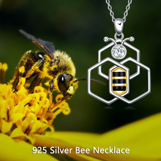 Sterling Silver Two-tone Circular Shaped Cubic Zirconia Bees Pendant Necklace-6