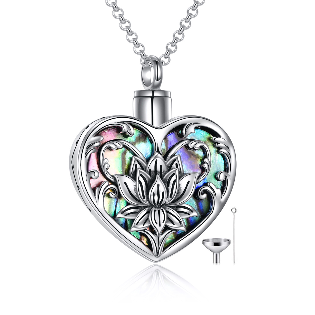 Sterling Silver Heart Shaped Abalone Shellfish Lotus & Heart Urn Necklace for Ashes with Engraved Word-1