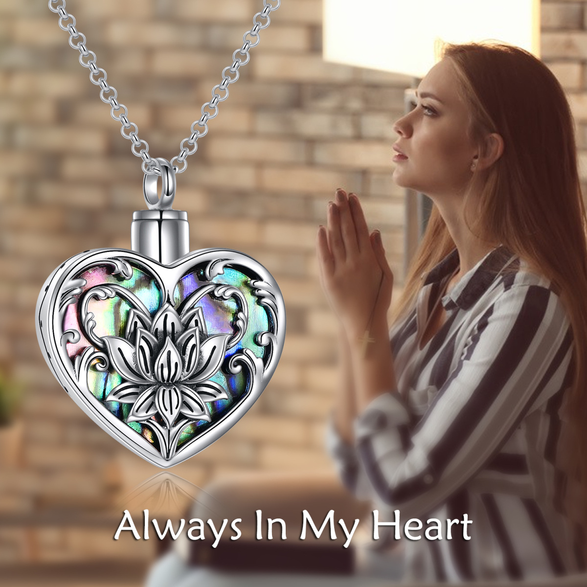 Sterling Silver Heart Shaped Abalone Shellfish Lotus & Heart Urn Necklace for Ashes with Engraved Word-6