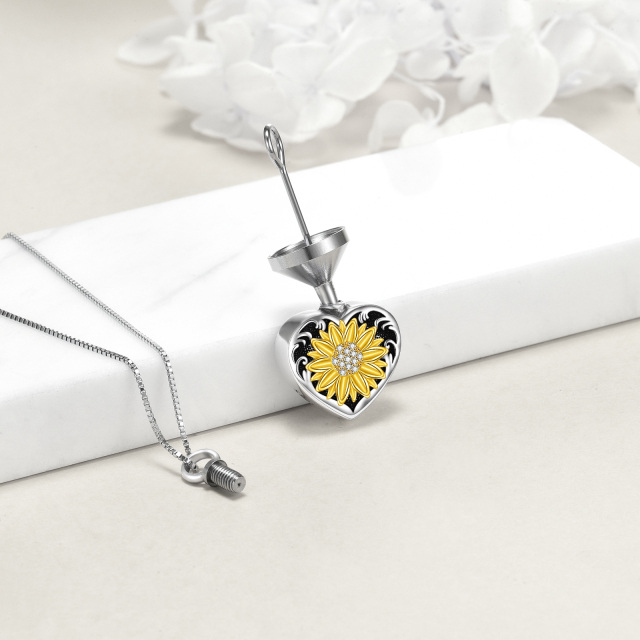 Sterling Silver Tri-tone Round Zircon Sunflower & Heart Urn Necklace for Ashes-2