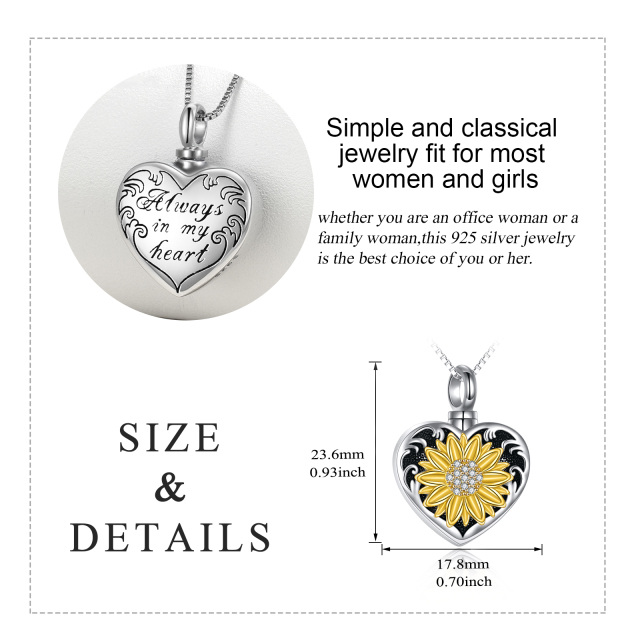 Sterling Silver Tri-tone Round Zircon Sunflower & Heart Urn Necklace for Ashes-4