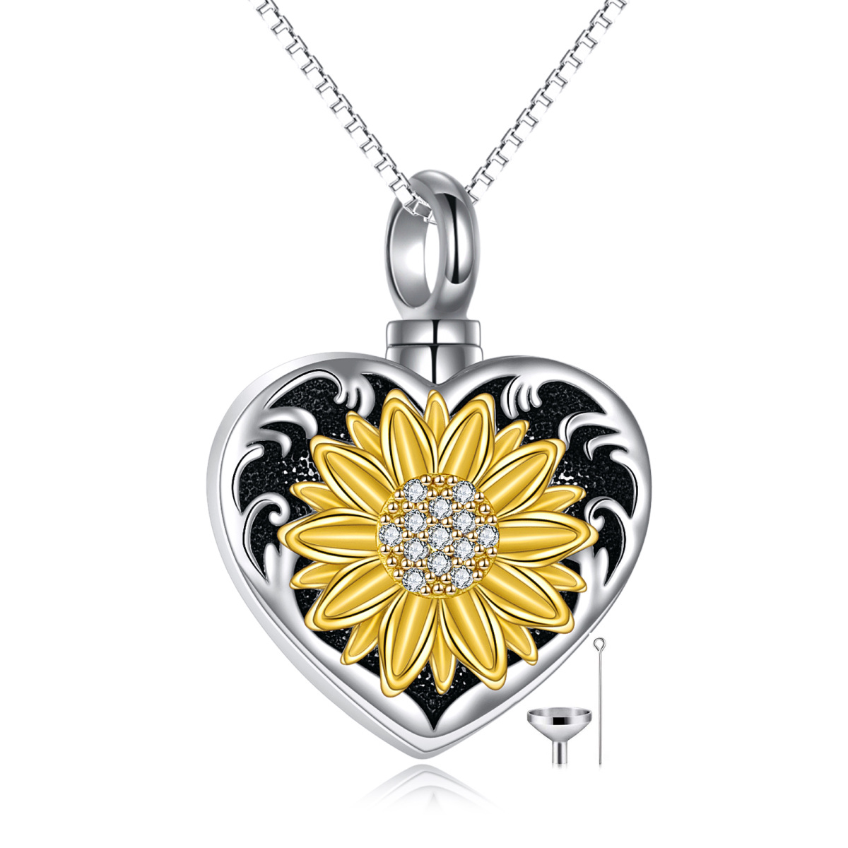 Sterling Silver Tri-tone Round Zircon Sunflower & Heart Urn Necklace for Ashes-1