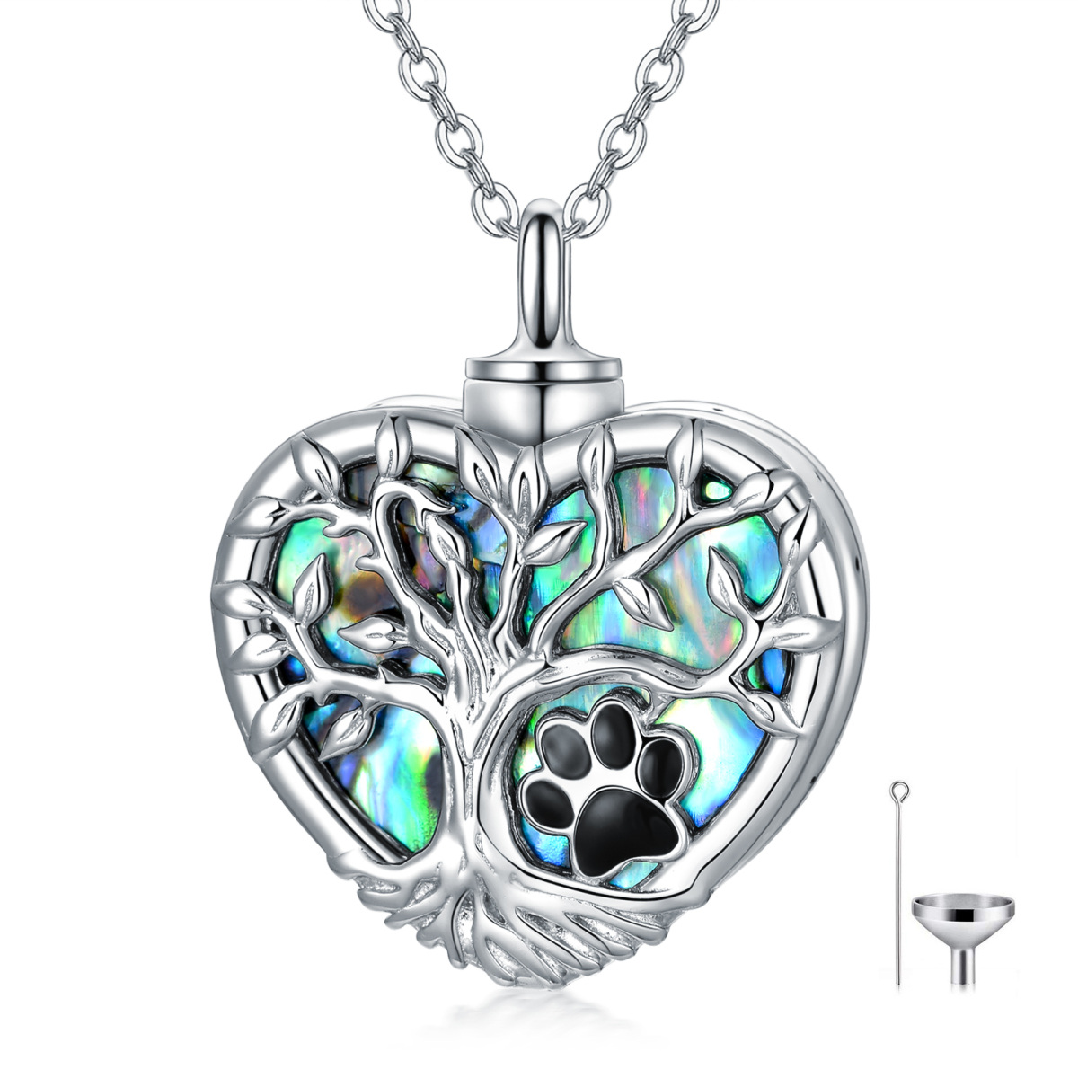 Sterling Silver Heart Shaped Abalone Shellfish Paw & Tree Of Life & Heart Urn Necklace for Ashes-1