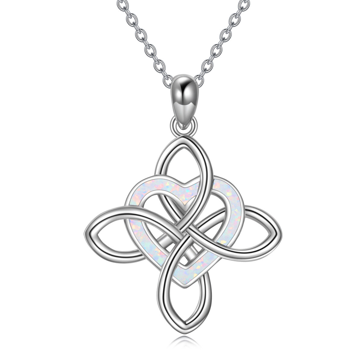 Sterling Silver Opal Celtic Knot & Heart Pendant Necklace-1