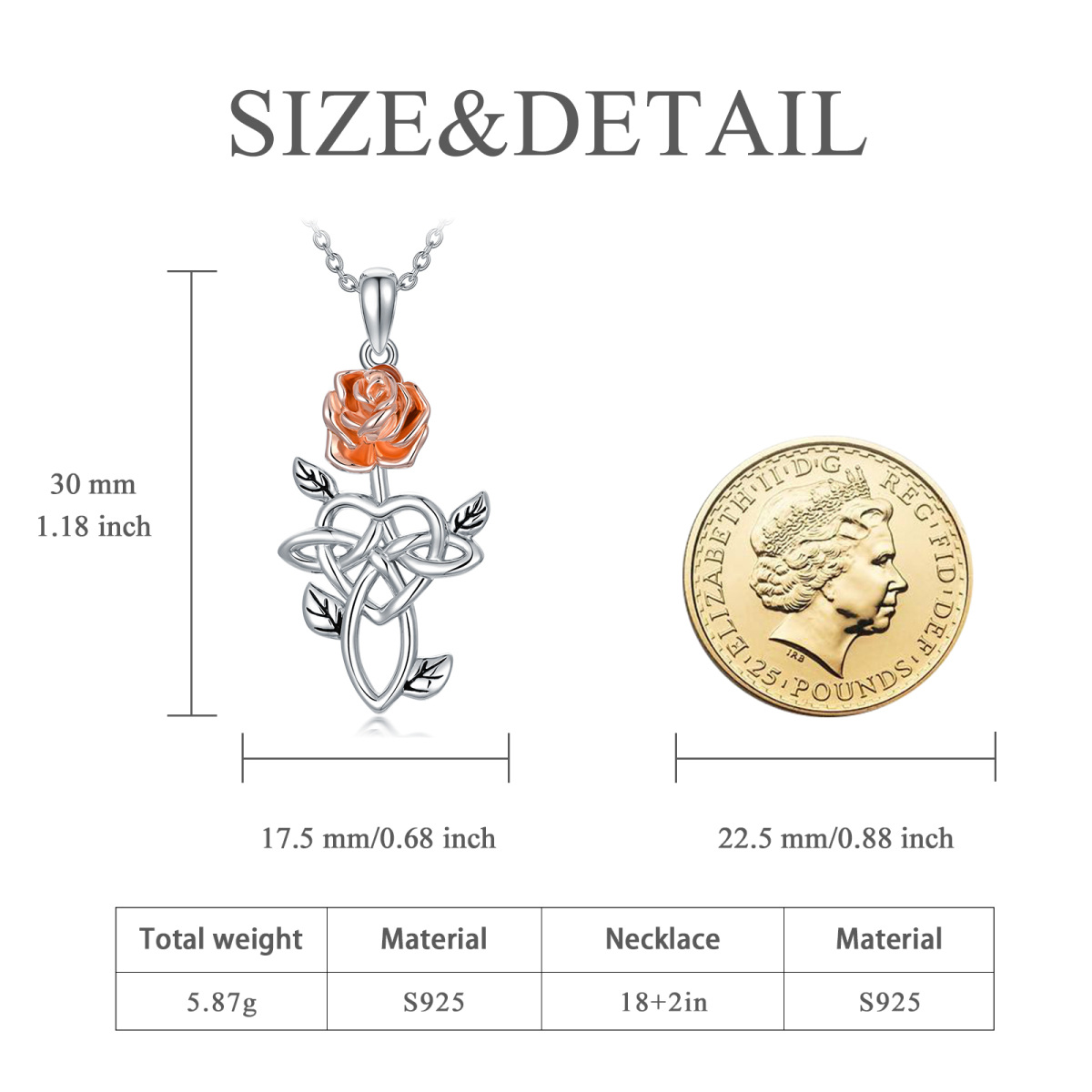 Sterling Silber zweifarbige Rose & keltischer Knoten & Herz Anhänger Halskette-5