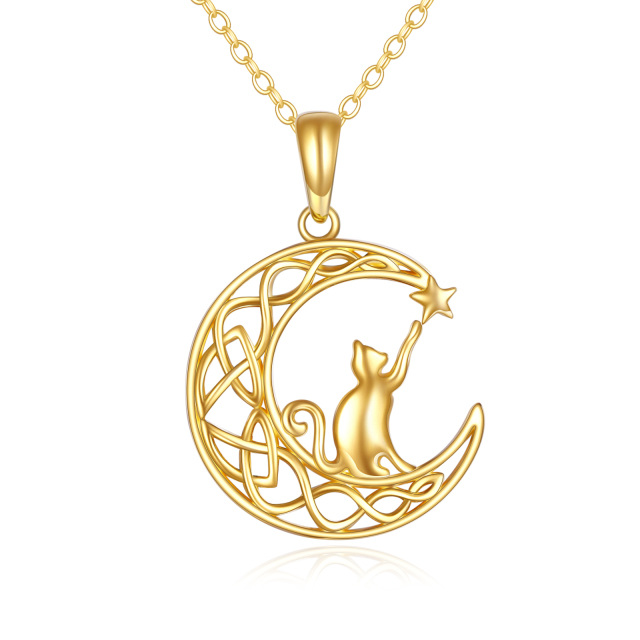 14K Gold Katze & Mond Anhänger Halskette-0