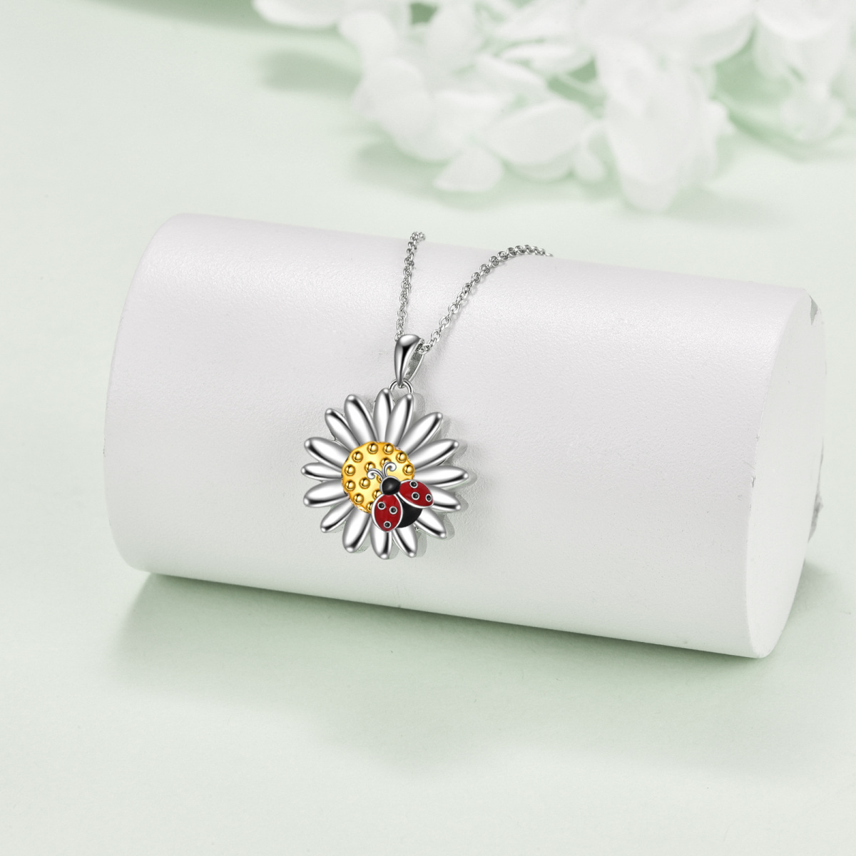 Sterling Silver Two-tone Ladybug & Daisy Urn Necklace for Ashes with Engraved Word-3