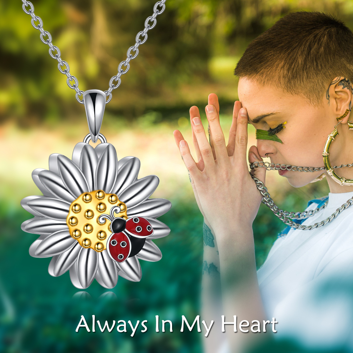 Sterling Silver Two-tone Ladybug & Daisy Urn Necklace for Ashes with Engraved Word-6