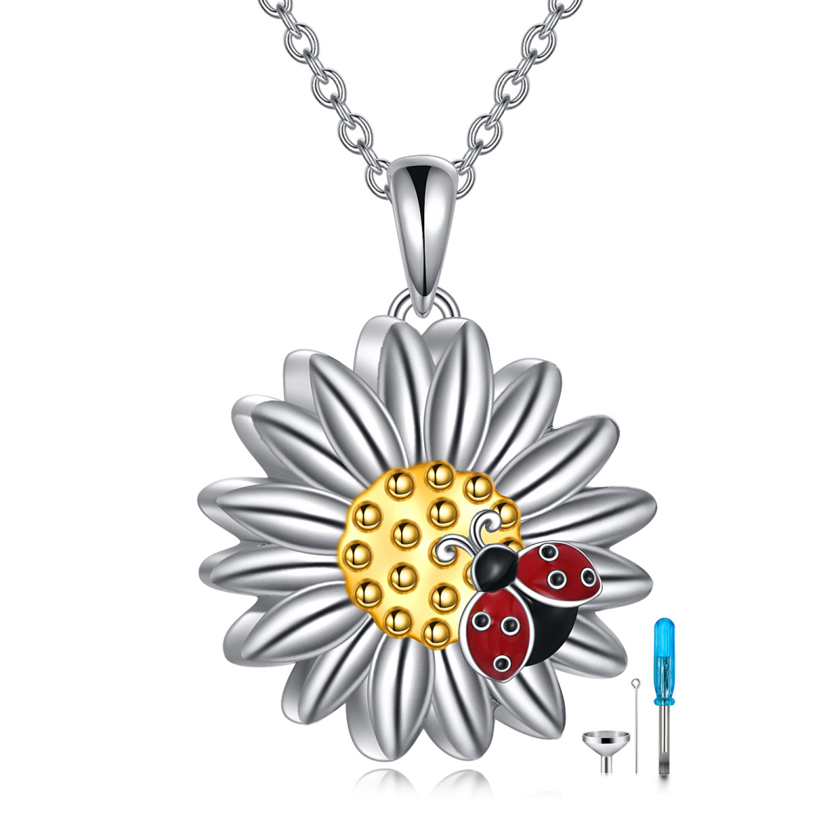 Sterling Silver Two-tone Ladybug & Daisy Urn Necklace for Ashes with Engraved Word-1