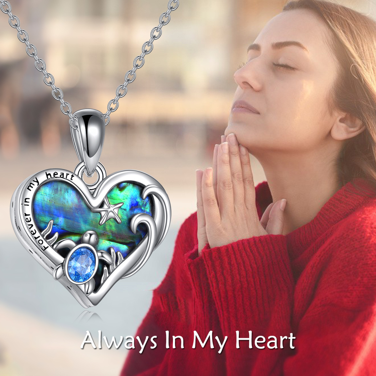 Sterling Silver Oval Shaped & Heart Shaped Abalone Shellfish & Crystal Sea Turtle & Starfish & Heart Urn Necklace for Ashes with Engraved Word-6
