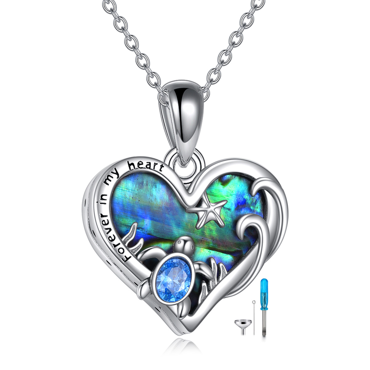 Sterling Silver Oval Shaped & Heart Shaped Abalone Shellfish & Crystal Sea Turtle & Starfish & Heart Urn Necklace for Ashes with Engraved Word-1