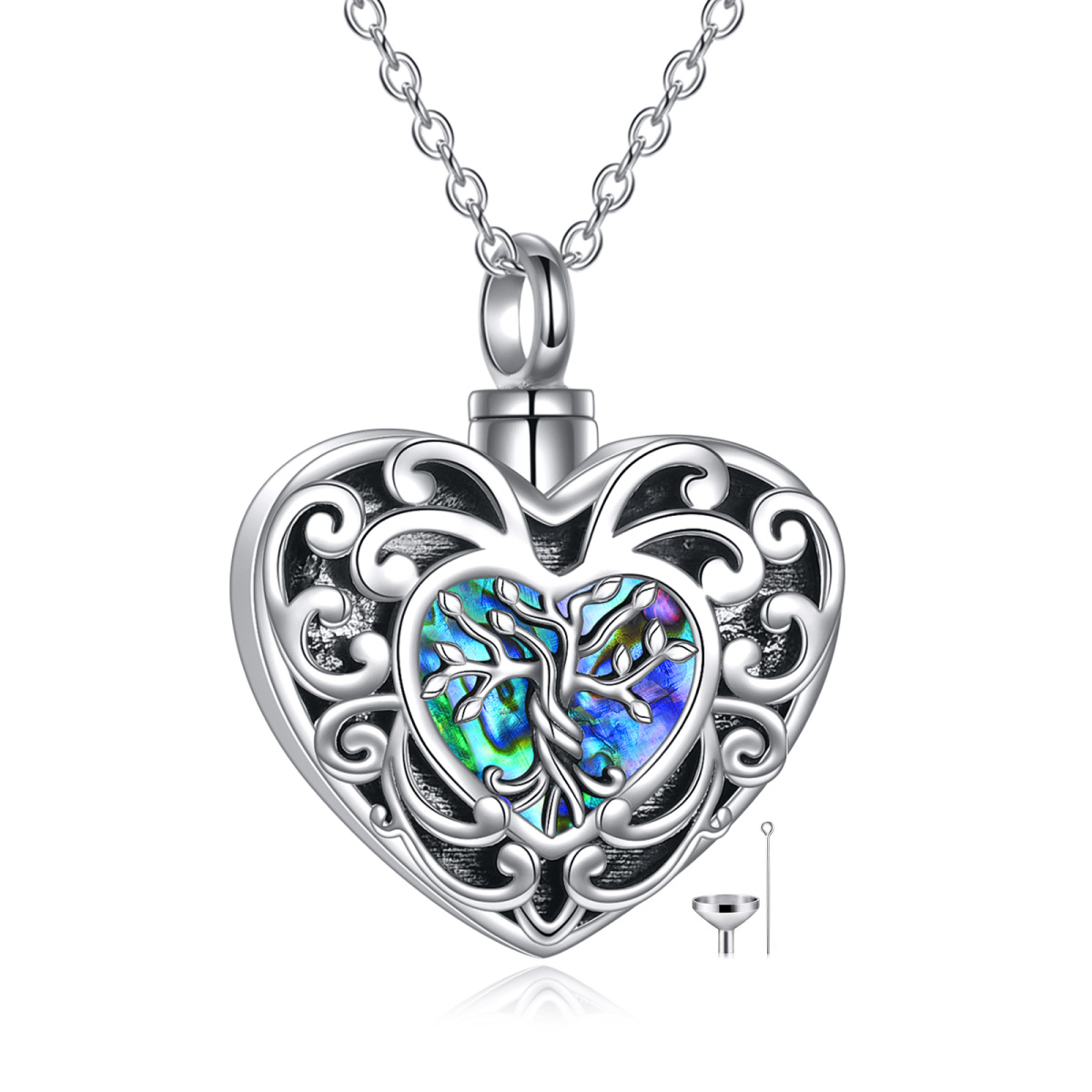 Plata de ley en forma de corazón abulón mariscos árbol de la vida urna collar con palabra-1