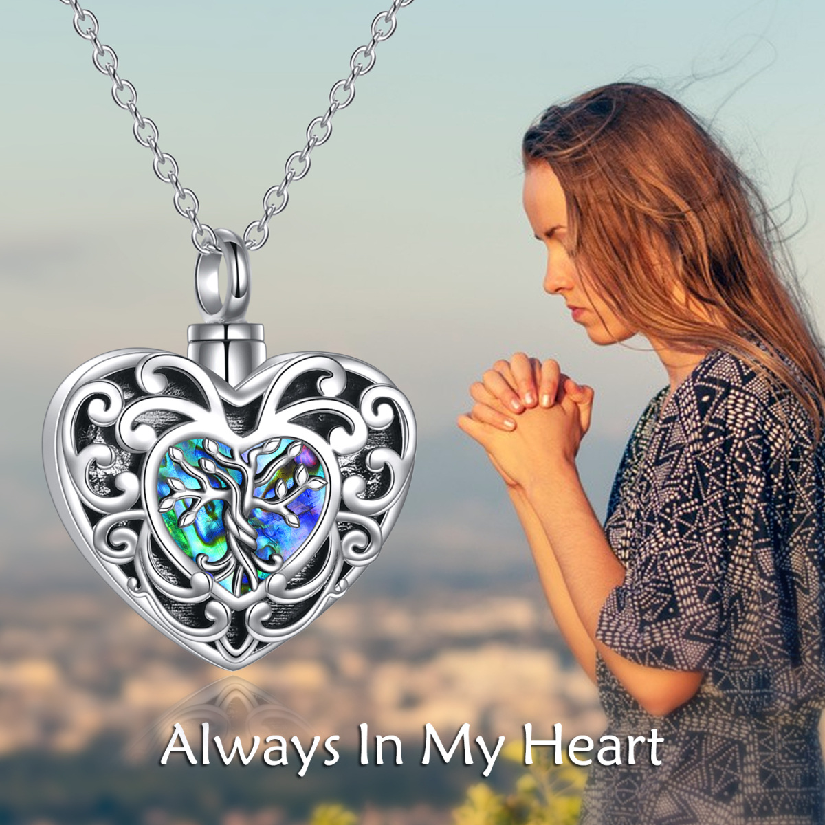 Plata de ley en forma de corazón abulón mariscos árbol de la vida urna collar con palabra-6