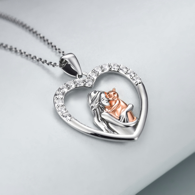 Sterling Silver Two-tone Round Cubic Zirconia Cat & Heart Pendant Necklace-2