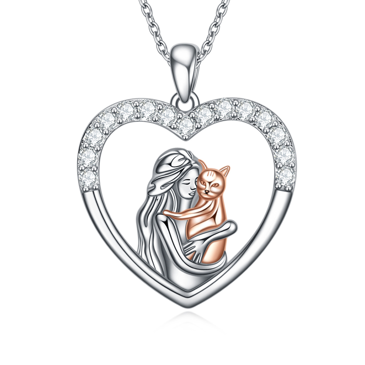 Collier en argent sterling avec pendentif chat et cœur en zirconium cubique rond bicolore-1