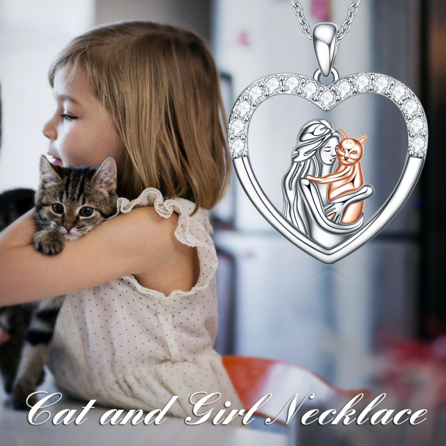 Sterling Silver Two-tone Round Cubic Zirconia Cat & Heart Pendant Necklace-5