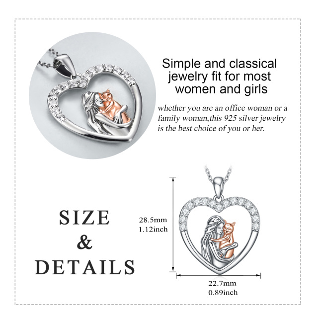 Sterling Silver Two-tone Round Cubic Zirconia Cat & Heart Pendant Necklace-4