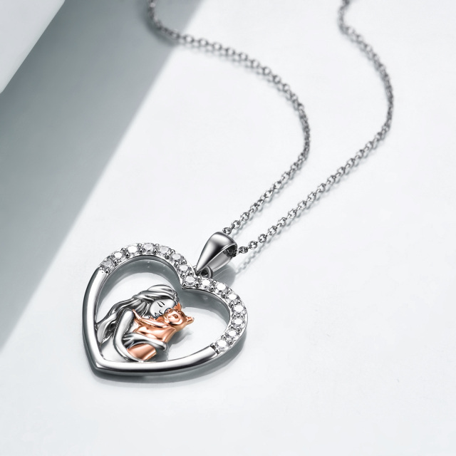 Sterling Silver Two-tone Round Cubic Zirconia Cat & Heart Pendant Necklace-1