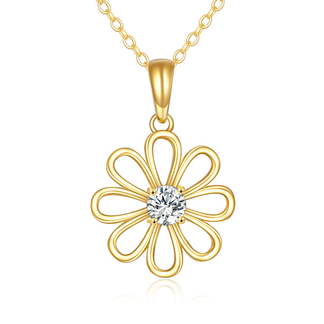 14K Gold Circular Shaped Cubic Zirconia Daisy Pendant Necklace-2