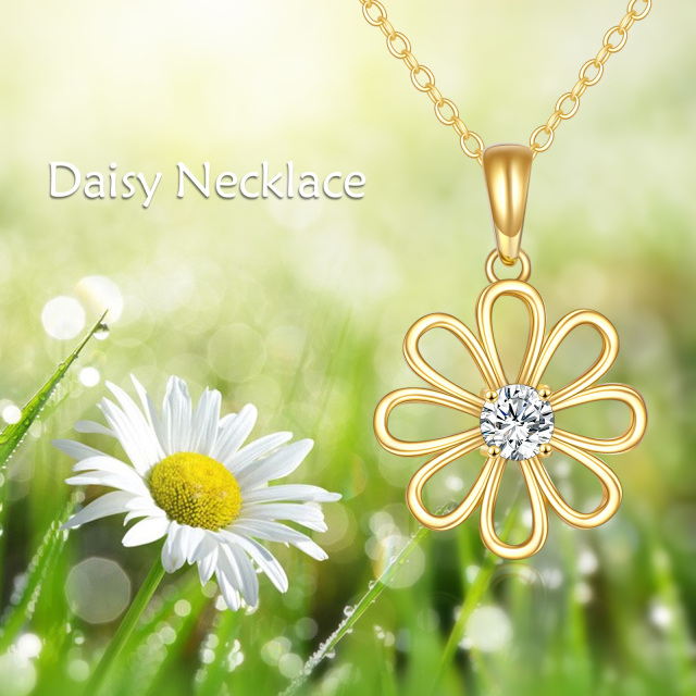 14K Gold Circular Shaped Cubic Zirconia Daisy Pendant Necklace-4