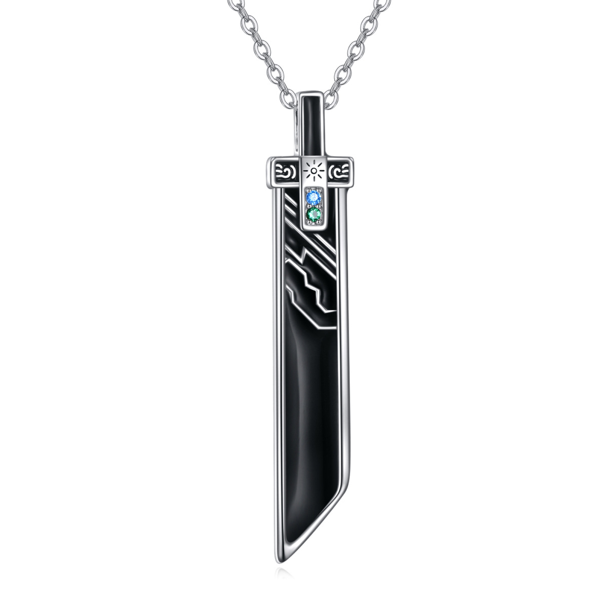 Sterling Silver Round Cubic Zirconia Sword Pendant Necklace for Men-1