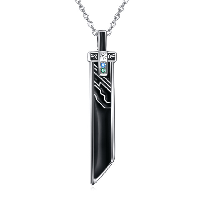 Sterling Silver Round Cubic Zirconia Sword Pendant Necklace for Men-3