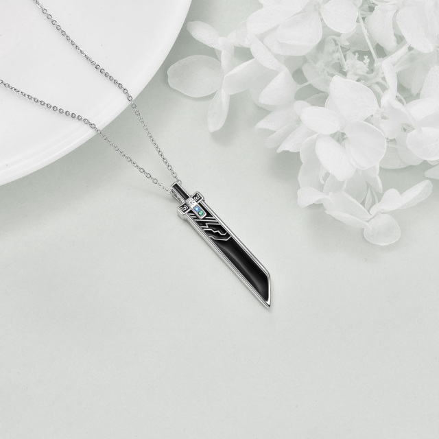 Sterling Silver Round Cubic Zirconia Sword Pendant Necklace for Men-4