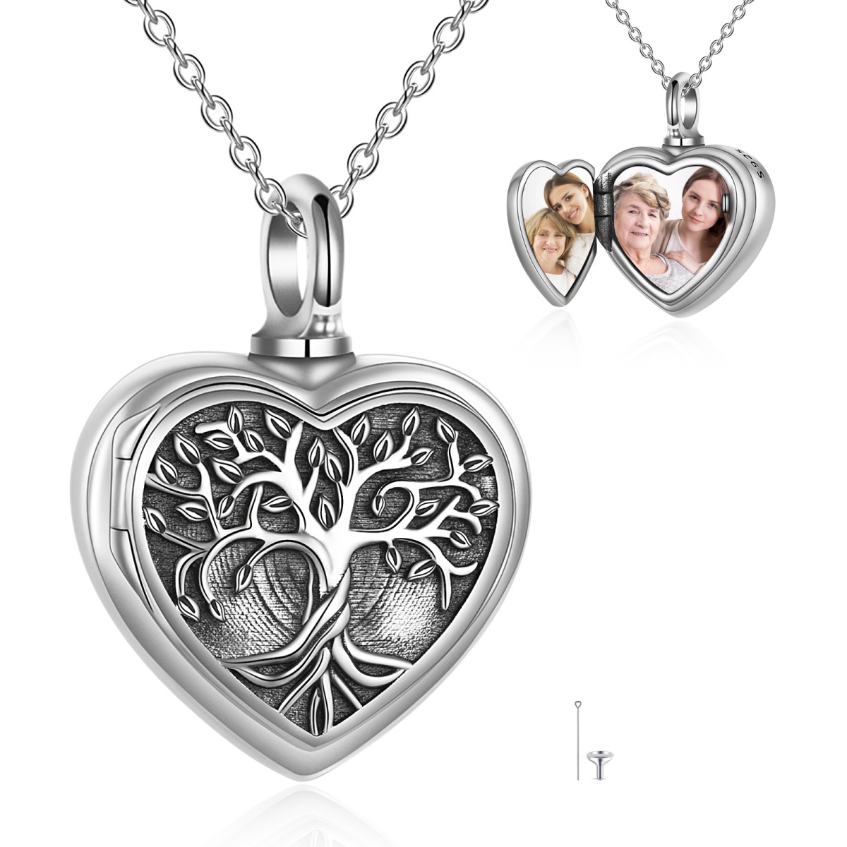 Sterling Silver Tree Of Life Heart Personalized Photo Locket Urn Necklace for Ashes-1