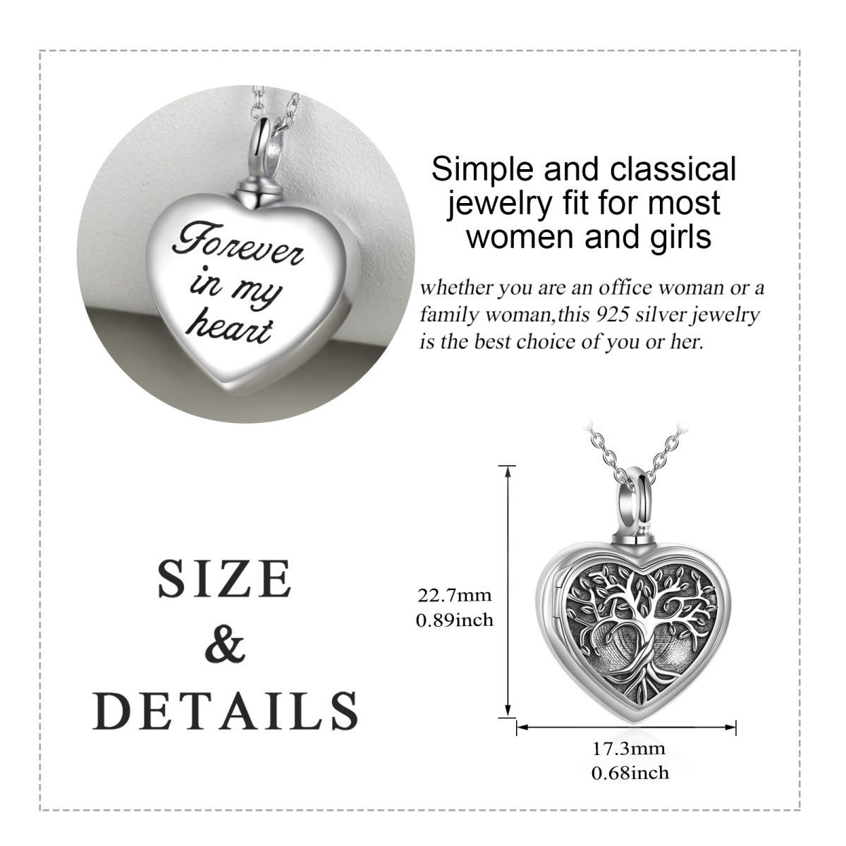 Collier en argent sterling pour cendres Tree Of Life Heart Personalized Photo Locket Urn Necklace for Ashes-6