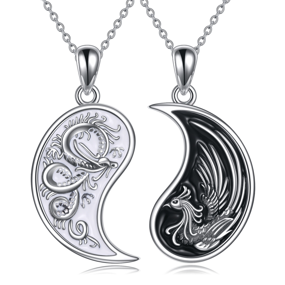 Collier pendentif dragon phénix Yin Yang en argent sterling-1
